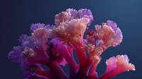 Vibrant coral reef formation with pink, purple, and red branches against deep blue background, showcasing underwater marine ecosystem diversity.