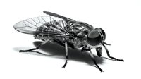Detailed close-up of a common housefly with transparent wings and dark body against white background, suitable for educational, scientific, and pest control materials.