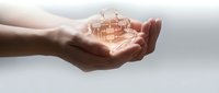 Hands cupping glowing lightbulb with network connections symbolizing innovation, creativity, and bright ideas for business solutions and technology concepts.