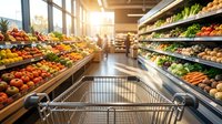 Grocery store aisle with shopping cart, fresh produce displays, vegetables and fruits on shelves, supermarket shopping experience, retail environment.