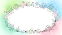 Easter frame with bunnies, eggs and flowers on pastel watercolor background. Spring holiday border design for greeting cards and decorations.