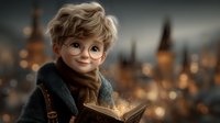 Young boy with glasses and tousled blonde hair reading magical glowing book against blurred fantasy castle background, wearing cozy winter coat and scarf.