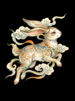 Ornate rabbit with decorative swirls and cloud motifs in gold, cream, and teal tones, isolated on transparent background. Ready for t-shirts, stickers, clipart, and print-on-demand designs.