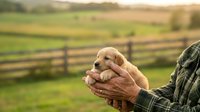 Golden retriever puppy held in farmer's hands against rural farmland backdrop with wooden fence and green pastures for agricultural and pet lifestyle content.