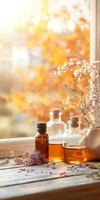 Essential oils and glass bottles on wooden windowsill with dried flowers against autumn background. Warm sunlight creates cozy atmosphere for wellness and aromatherapy.
