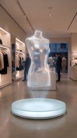 Transparent female mannequin torso floating above white circular platform in modern retail store interior with soft lighting and blurred shoppers.