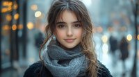 Young Caucasian woman with natural makeup and gentle smile wearing gray scarf and black coat against blurred city bokeh lights background on autumn evening.