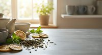 Herbal tea ingredients with dried orange slices, mint leaves and loose tea scattered on wooden kitchen counter in bright morning sunlight for wellness.