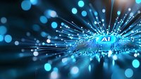 Glowing blue AI technology concept with digital neural network and light rays emanating from central processor chip against dark background.
