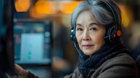 Mature Asian woman wearing headphones looking at screen in dark environment with bokeh lights, expressing focus and engagement at work station.