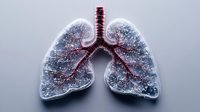 Anatomical visualization of human lungs with glowing blood vessels and bronchial tree structure against gray background, medical science concept.