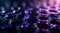 Glowing purple and blue hexagonal molecular structure with glass sphere on dark background creates futuristic scientific visualization for technology concepts.