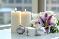 Elegant holiday composition with lit candles, stargazer lily, white orchids, gift box, and silver ornaments on windowsill.