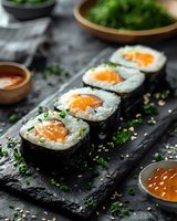 Fresh salmon sushi rolls garnished with chives and sesame seeds on black stone plate, served with caviar and sauce. Moody restaurant atmosphere.