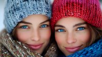 Two young Caucasian women wearing colorful knitted winter hats and scarves, smiling warmly at camera. Close-up portrait showing friendship and winter fashion style.