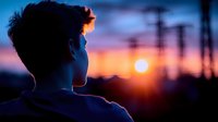 Young man silhouetted against vibrant sunset sky with orange and purple hues, power lines visible in background creating atmospheric urban landscape at dusk.
