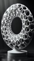 Circular modern sculpture with organic honeycomb pattern featuring multiple holes and cavities, displayed on pedestal against dark background. Monochrome art piece.