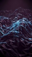 Digital human figure glowing with cyan energy lines standing on abstract dark polygonal terrain, representing artificial intelligence, technology, and digital transformation concepts.