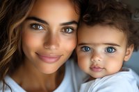Mixed race mother and young child with striking blue eyes share tender moment in close-up portrait showing pure love and family connection against soft background.