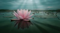 Pink lotus flower blooming on tranquil water surface with soft sunlight rays creating peaceful zen meditation atmosphere for wellness and spirituality concepts.