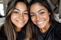 Two young Hispanic women with radiant smiles and long dark hair wearing black tops pose together in casual selfie style portrait showing genuine happiness and friendship.