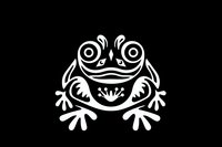 White decorative frog silhouette with spiral eyes and tribal style pattern on black background, isolated design element for logos and creative projects.