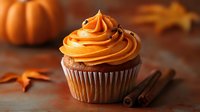Chocolate cupcake with swirled orange frosting decorated for autumn, cinnamon sticks and pumpkins in background on rustic wooden surface with fall leaves.