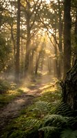 Golden sunlight filters through a dense forest canopy, illuminating a winding woodland path lined with moss-covered trees and lush undergrowth for nature and travel backgrounds.