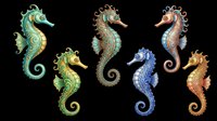 Ornate seahorse collection featuring six decorative marine creatures in vibrant colors including green, blue, orange and gold. Isolated on transparent background, ready for t-shirt design, clipart, stickers, sublimation and print-on-demand projects.