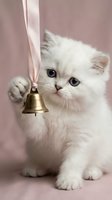 Adorable white fluffy kitten playing with golden bell on pink ribbon against soft pink background. Cute pet portrait for greeting cards and decorations.