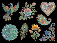 Colorful bohemian design elements featuring ornamental hummingbird, floral motifs, mandala, peacock feather, and decorative paisley. Isolated on transparent background, ready for t-shirts, clipart, stickers, and print-on-demand projects.