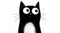 Cartoon black cat with big expressive eyes and white chest, hand-drawn in minimalist style on white background. Isolated illustration for children's books.