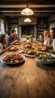 Happy family enjoying homemade dinner together at rustic wooden table with fresh salads and bread in cozy farmhouse kitchen with exposed beams and pendant lights.