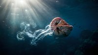 Nautilus shell swimming underwater with sunlight rays penetrating deep blue ocean water creating dramatic marine scene for educational content.