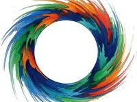 Vibrant circular brush strokes in blue, green, orange creating dynamic swirl frame with white center space for text or logo design.