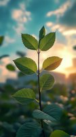 Young plant seedling with fresh green leaves backlit by golden sunset sky with soft clouds, symbolizing growth, new beginnings, and environmental sustainability for eco-friendly designs.