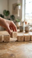 Hand placing wooden cube with brain icon among eco-friendly symbol blocks on rustic table in bright kitchen with plants for sustainable living concepts.