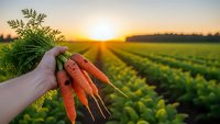 Fresh organic carrots held in hand at sunrise over green agricultural field rows. Healthy vegetable harvest concept for farm to table dining.