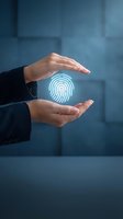Businessman hands protecting glowing fingerprint hologram representing cybersecurity, digital identity verification and biometric authentication technology.