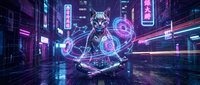 Cyberpunk warrior with glowing purple energy powers in futuristic neon city street at night. Digital art concept for gaming and sci-fi projects.