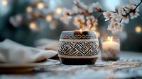 Cozy ceramic candle holder with ornate ethnic pattern casting warm light, alongside cherry blossom branches and white candle on textured surface in evening atmosphere.