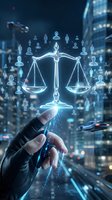 Digital justice scales hologram floating above businessman hand with people icons in urban night cityscape representing legal technology and law firm services.