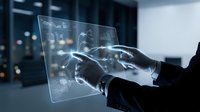 Businessman touching futuristic holographic interface with data analytics and digital charts in modern office environment for technology presentations.
