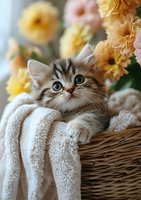 Adorable fluffy kitten resting in wicker basket with soft white blanket, surrounded by yellow and peach carnations in soft natural lighting, creating cozy atmosphere.