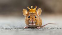 Adorable brown mouse wearing golden crown sitting on wooden surface with blurred background for creative design projects and storytelling concepts.