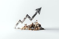 Upward trending arrow made from scattered metallic particles symbolizing growth, progress and financial success on white background.
