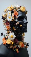 Black mannequin head adorned with vibrant mixed flowers including roses, daisies, and ranunculus in yellow, orange, coral, and white tones. Floral arrangement concept for creative design, art direction, and editorial use.