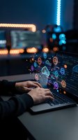 Businessman hands typing on laptop with glowing digital network icons and cloud computing interface in modern office at night for technology concepts.