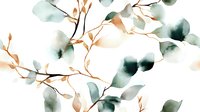 Watercolor eucalyptus branches with sage green leaves and golden stems on white background, elegant botanical art pattern for wedding stationery and home decor.