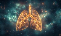 Glowing golden lungs with intricate bronchial tree structure floating in cosmic space with turquoise nebula and bright stars in background for medical visualization.